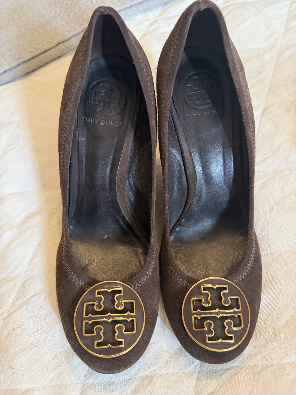 Tory Burch Brown Suede Pumps with Gold Logo Medallion